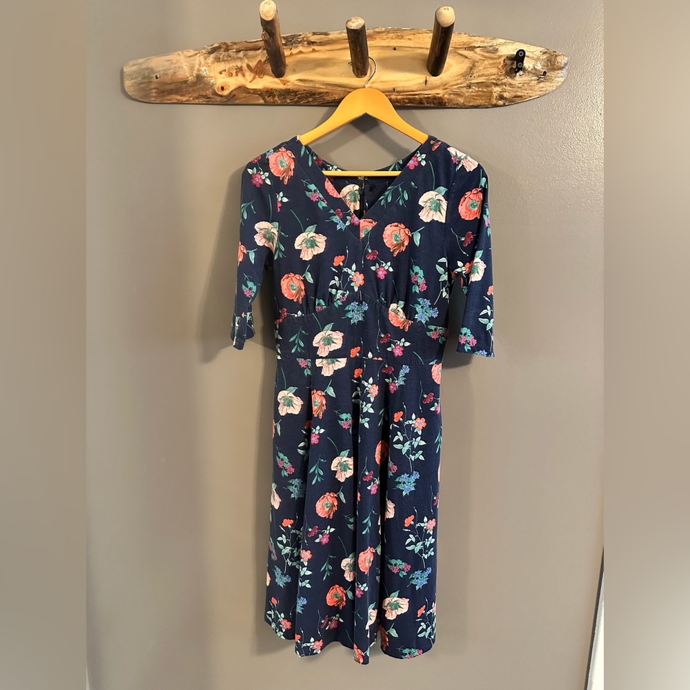 Navy Floral Cottagecore A-Line Midi Dress, Med/Lg